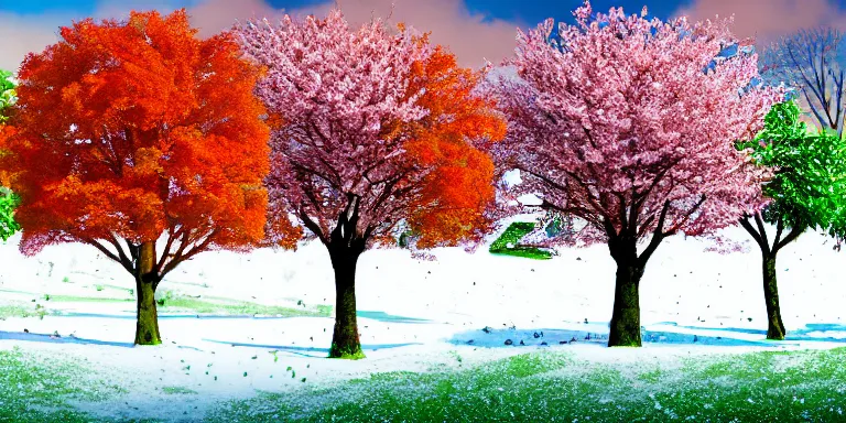 Prompt: a single illustration of four trees, one tree with blooming cherry blossoms in the spring on green grass, one tree with green leaves in the summer on green grass, one tree red leaves in the autumn with leave covered grass, and one tree covered in snow in the winter with snow covered grass, cinematic, ultra detailed, intricate, sharp focus, digital illustration