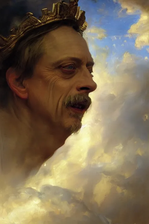 Image similar to beautiful detailed expressive impressionistic oil painting portrait of ancient roman god emperor steve buscemi ascending into the clouds wearing the civic crown, renaissance painting, art by anders zorn, wonderful masterpiece by greg rutkowski, expressive brush strokes, beautiful cinematic light, american romanticism by greg manchess, jessica rossier