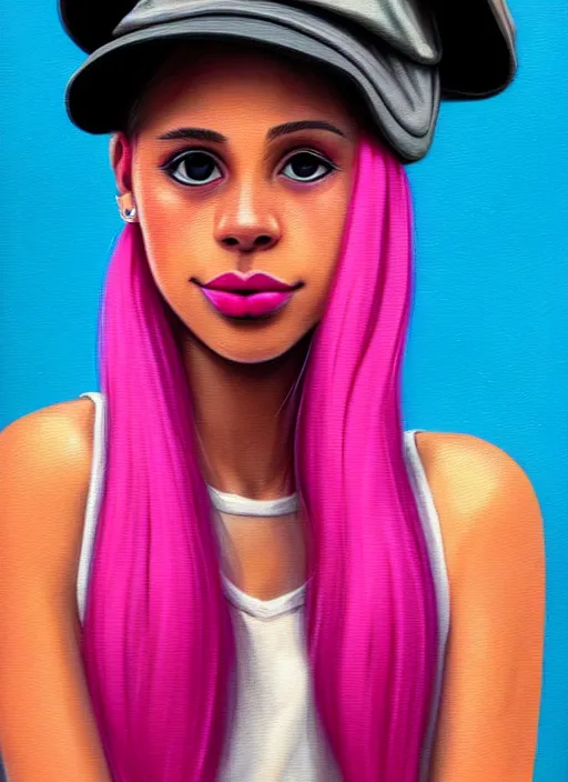 Image similar to portrait of teenage vanessa morgan with bright pink hair, black girl, curly pixie cut hair, wearing newsboy cap, pink short haircut, newsboy cap, hoop earrings, blue eyes, intricate, elegant, glowing lights, highly detailed, digital painting, artstation, concept art, smooth, sharp focus, illustration, art by wlop, mars ravelo and greg rutkowski