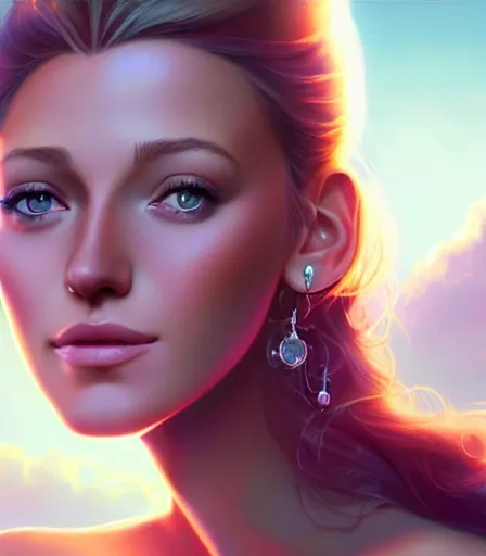 Image similar to beautiful portrait of a goddess who looks like Blake Lively , character design by charlie bowater, ross tran, artgerm, and makoto shinkai, detailed, soft lighting, rendered in octane
