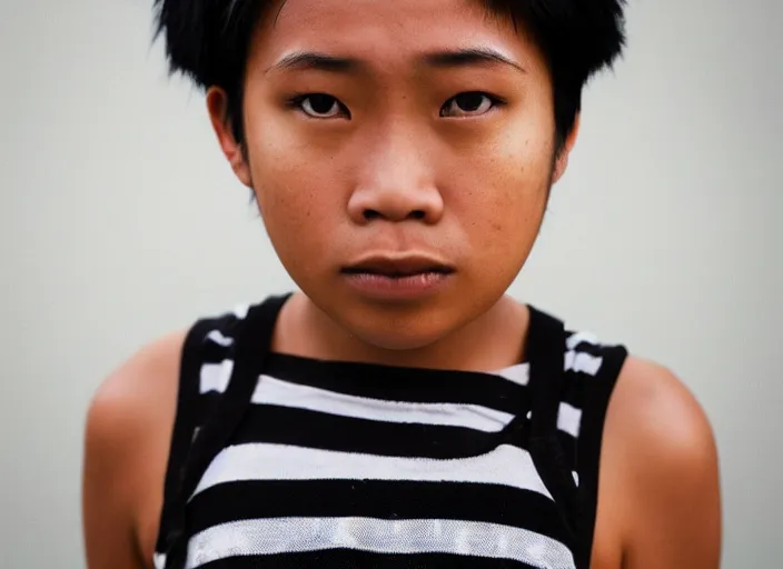 Image similar to closeup portrait of a young expressive malaysian tomboy woman, pouting, futuristic hairstyle, tank top with black and white stripes, long sleeves, portra 4 0 0 candid photograph portrait by annie leibovitz, 3 5 mm macro shot, f / 3 2, hyperrealistic, cinematic lighting, hd wallpaper, 8 k, 4 k