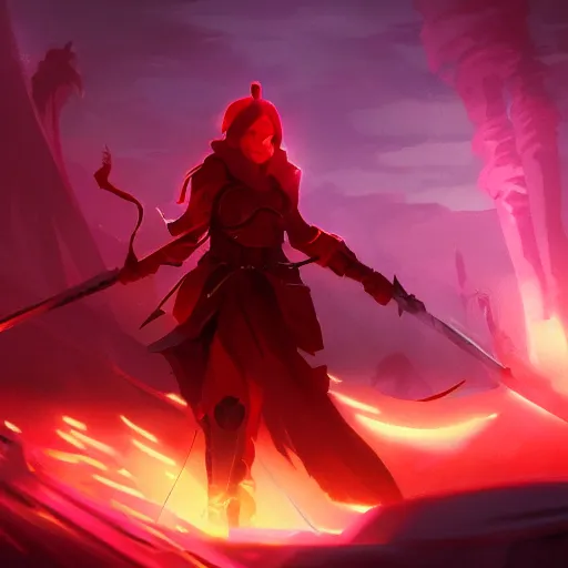 Prompt: a ruby sword concept art giving off red glow haze, epic shot, 4k detailed, artstation, illustration,