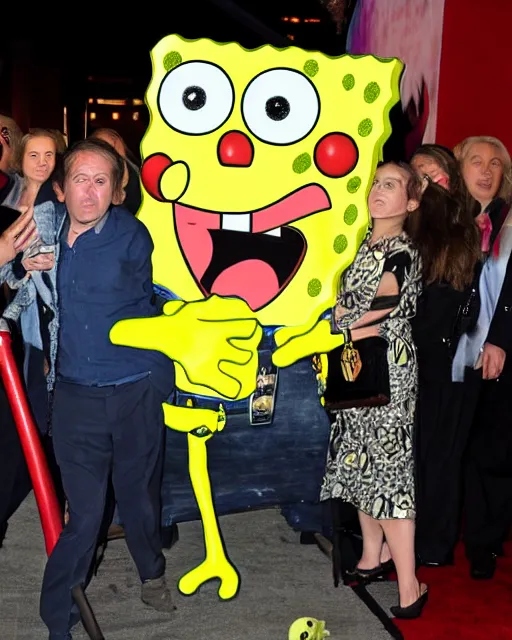 Image similar to Paparazzi photographers a terrified SpongeBob SquarePants at his movie premiere, photorealistic