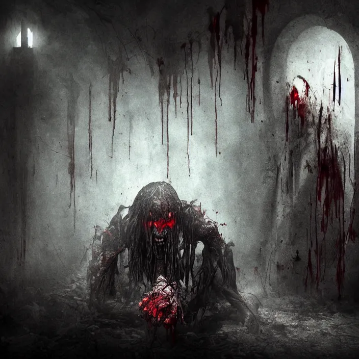 Prompt: gritty horrific demonic vampire lurking in the shadows, corner of the room, while blood flows out from below, sharp focus, 4 k ultra hd, fantasy dark art, apocalyptic art