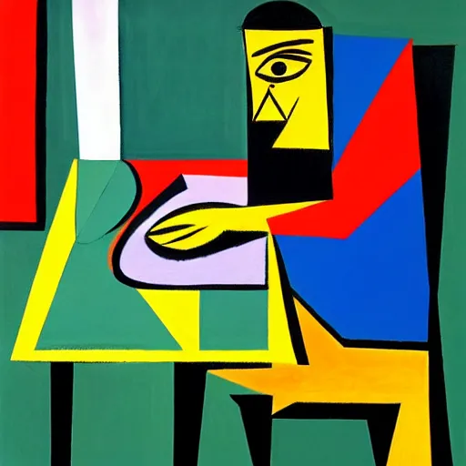Prompt: painting of a lone man, sitting at his desk in an empty, huge office, in the style of pablo picasso
