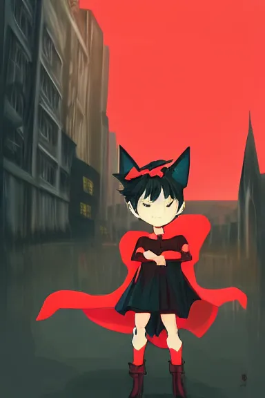 Image similar to little boy with cat ears in an black outfit with red cape. digital artwork made by lois van baarle and kentaro miura, sharpness focus, inspired by hirohiko araki, anatomically correct, heroic composition, hero pose, smooth, night city, hd