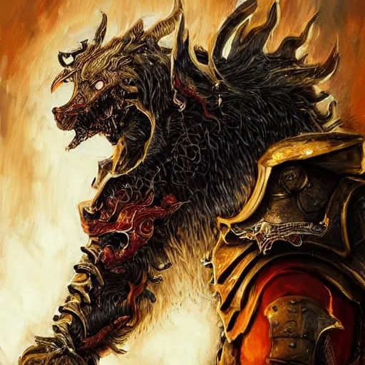 Image similar to three - ply portrait death dog dark souls in golden red armor made of polished dragon bones looks relaxed, quantum physics, victorian era