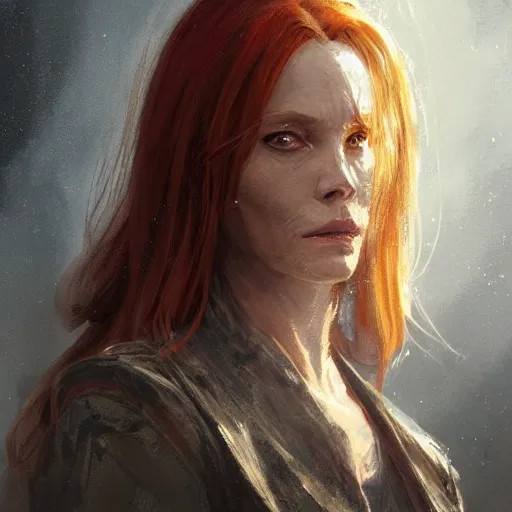 Prompt: Portrait of a woman by Greg Rutkowski, she is about 50 years old, redhead, long straight hair, beautiful oval face, wearing a futuristic tactical gear, older sister vibes, sad and resigned expression, highly detailed portrait, digital painting, artstation, concept art, smooth, sharp foccus ilustration, Artstation HQ.