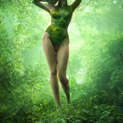 Prompt: a highly detailed ethereal full body digital image of a elegantly posed dancing futuristic woman beautifully cocooned in realistic green leafy foliage liquid like leaves shot, full body shot, by Andrew Chiampo, artstation, and Frederik Heyman, extremely detailed woman, stunning volumetric lighting, hyper realism, fantasy 4k