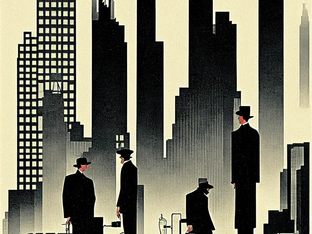 Image similar to two suspicious men in a parked a car in front of a very tall building, desert street, late at night, dimly lit, gangster, film noir, upscale 1920, relaxed poose, art deco, artwork by coles phillips, post processing, intricate, grim yet sparkling atmosphere, cinematic lighting, art nouveau