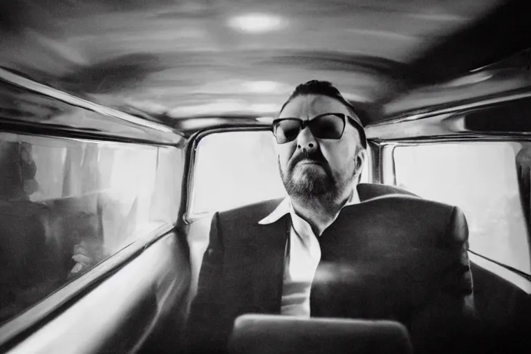 Prompt: a cinematic painting of ricky gervais looking through a steamed up limousine window, paparazzi, beautiful lighting, high depth, ultra realistic, artistic, by annie leibovitz