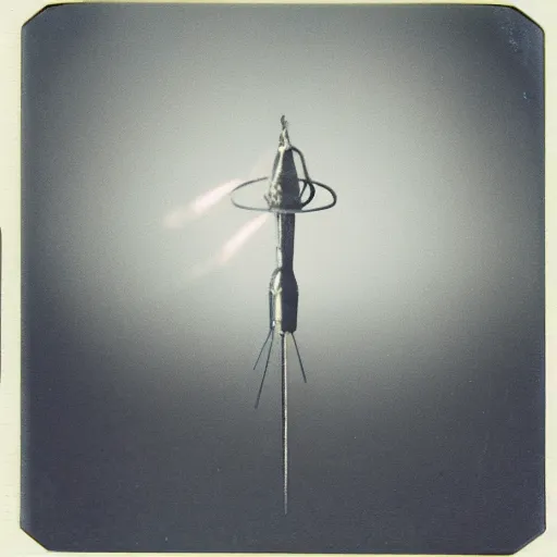 Image similar to old polaroid depicting a small intricate metallic alien probe, on a clearing