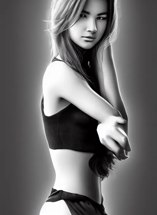 Image similar to full body portrait of a beautiful young woman in black and white, photorealistic, hair down to waist, sharp focus, in the style of Kevin Kostic, Stephen Lau and artgerm, hyper sharp focus, 8k highly detailed