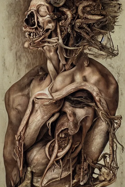 Prompt: Detailed maximalist portrait of a greek god with large lips and eyes, scared expression, botanical anatomy, skeletal with extra flesh, HD mixed media, 3D collage, highly detailed and intricate, surreal illustration in the style of Jenny Saville, dark art, baroque, centred in image