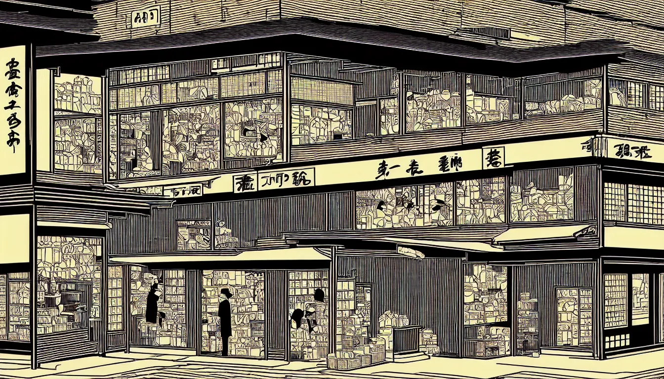 Image similar to old japanese shops by dan mumford and peter doig and edward hopper, symmetrical, minimal, black ink, thick lines highly detailed, muted colours 8 k