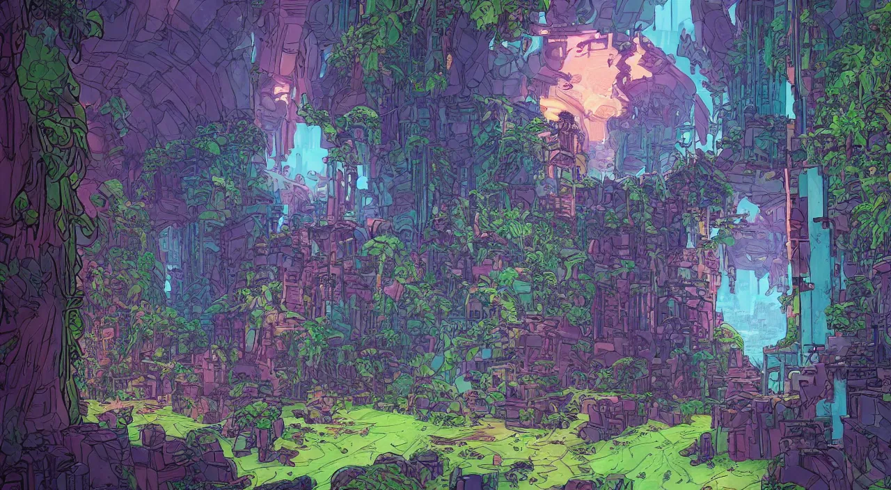 Prompt: open door wood wall fortress greeble block amazon jungle on portal unknow world ambiant fornite colorful that looks like it is from borderlands and by feng zhu and loish and laurie greasley, victo ngai, andreas rocha, john harris