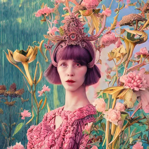 Image similar to pretty baby with botanical : : by martine johanna and simon stalenhag and chie yoshii and casey weldon and wlop : : ornate, dynamic, particulate, rich colors, intricate, elegant, highly detailed, vogue, harper's bazaar art, fashion magazine, smooth, sharp focus, 8 k, octane render