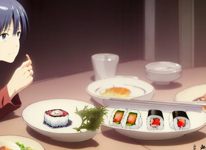 Image similar to a film still portrait of a plate with different kinds of sushi, finely detailed features, closeup at the food, perfect art, at a dinner table, gapmoe yandere grimdark, trending on pixiv fanbox, painted by greg rutkowski makoto shinkai takashi takeuchi studio ghibli, akihiko yoshida