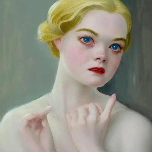 Prompt: Painting of Elle Fanning in Bioshock, long blonde hair, delicate, pale milky white porcelain skin, by Edward Hopper. 8K. Extremely detailed.