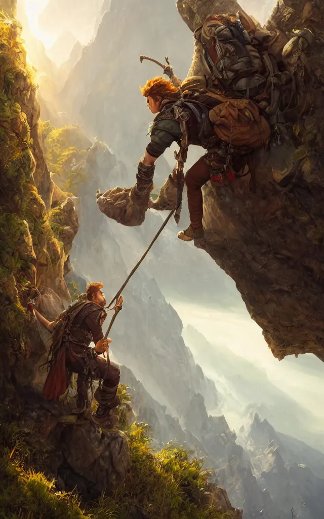 Image similar to an oil art close - up portrait painting of young handsome fool adventurer with adventurer hiking backpack, grim gwent card, gipsy mage adventurer character design from inquisition, climbing up a cliffside, 4 k, ultra detail, volumetric lighting, unreal engine, octane render, by tom bagshaw, andreas rocha, karol bak, artgerm