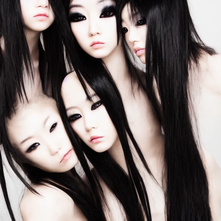 Prompt: professional photograph of female japanese models in emo makeup, long hair, fringe