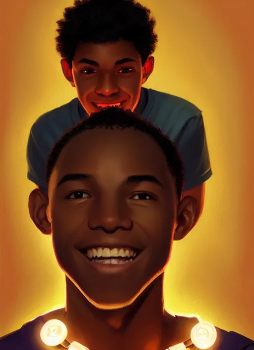 Image similar to portrait of teenage chuck clayton, black teenage boy, very short curly hair, very short hair, square jaw, slight excited smile, reading archie comic book, intricate, elegant, glowing lights, highly detailed, digital painting, artstation, concept art, smooth, sharp focus, illustration, art by wlop, mars ravelo and greg rutkowski