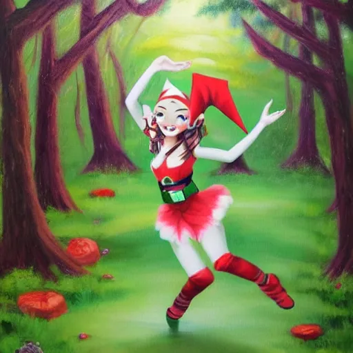 Prompt: cute elf young woman being kawaii and dancing happily through the forest. Award winning oil painting