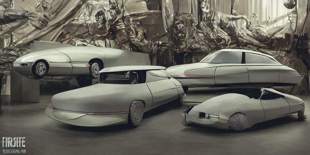 Prompt: A concept model of a 1975 citroen DS, science fiction set painted by James Jean, cinematography by Darren Aronofsky, composition by Fritz Lang