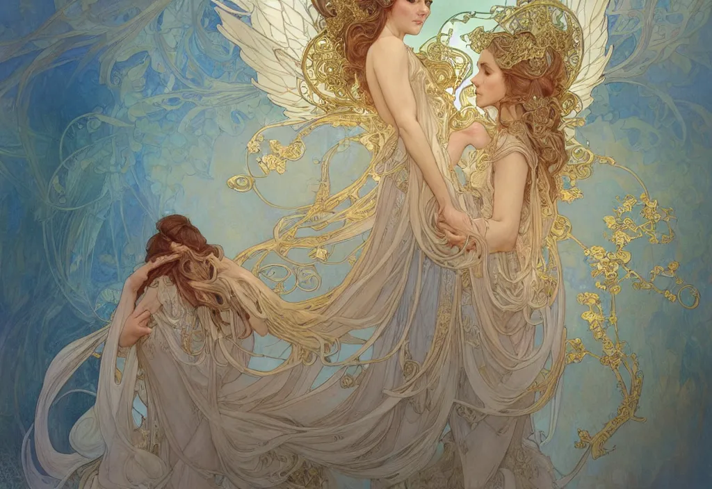 Image similar to angel, highly detailed, very intricate, art nouveau, gold filigree, romantic storybook fantasy, soft cinematic lighting, award - winning, disney concept art watercolor illustration by mandy jurgens and alphonse mucha and alena aenami, pastel color palette, featured on artstation