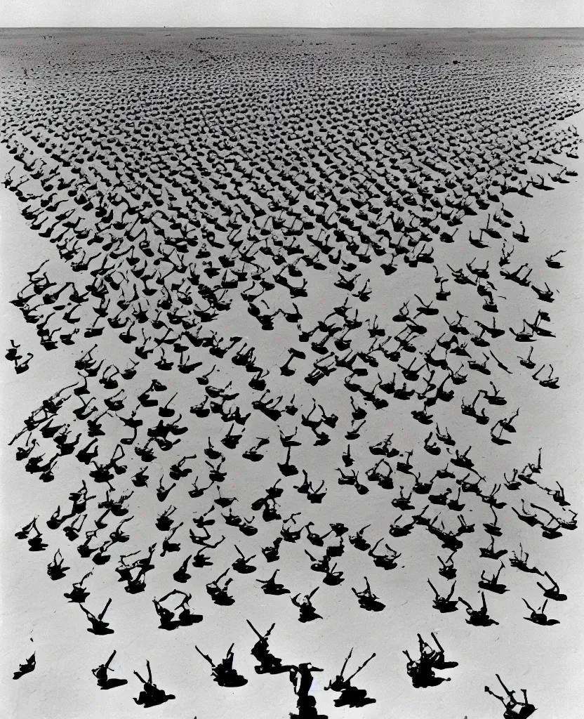 Image similar to a beautiful painting of bombs and soldiers on desert in el alamein battle, wwii, black and white, painted by escher, disorder