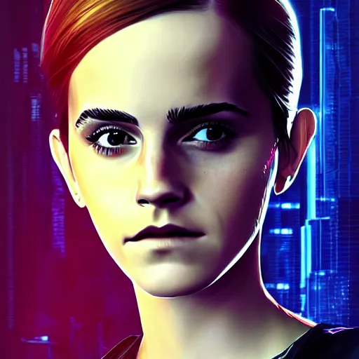 Image similar to Portrait of Emma Watson, cyberpunk style, artstation cgsociety masterpiece