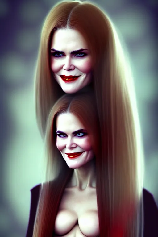 Prompt: mix of beautiful young maria shriver, mariel hemmingway, brooke shields, nicole kidman and elle macpherson as a vampire showing vampire teeth, ready to bite, thin lips, hair tied up in a pony tail, dark blonde hair, colorful, deviantart, artstation, cgsociety