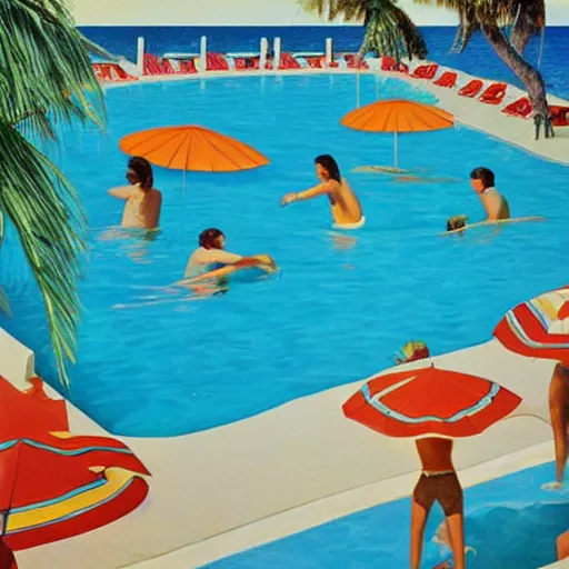 Prompt: pool at the beach, 6 0 s styled art