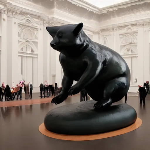 Image similar to rotund obese fox, glossy resin statue, Ron Mueck masterpiece in exhibition, wide angle shot