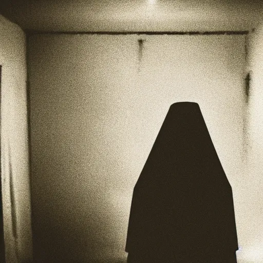 Image similar to A spooky and atmospheric selfie of a woman in a dark room, with a spooky filter applied, with a figure in the background, shrouded in darkness, in a Halloween style.