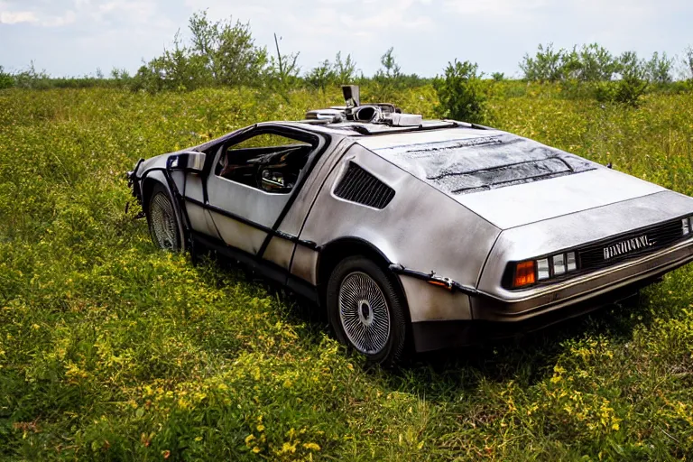 Prompt: abandoned 2 0 2 2 delorean time machine in a field