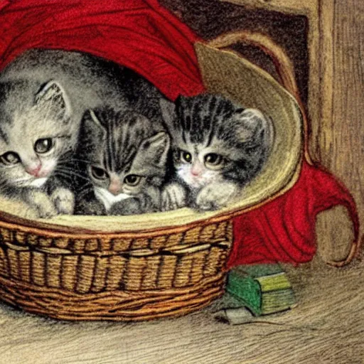 Prompt: child's illustration basket of kittens randolph caldecott