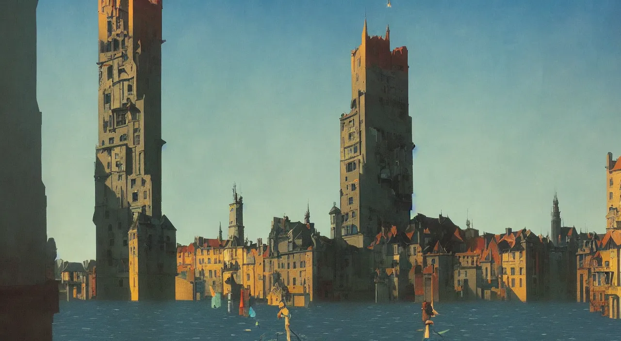 Prompt: single flooded tower, very coherent and colorful high contrast!! painting by rene magritte max ernst simon stalenhag carl spitzweg syd mead norman rockwell edward hopper james gilleard, dark shadows, sunny day, hard lighting, masterpiece