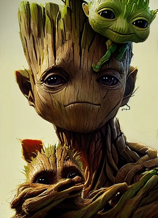 Image similar to very detailed masterpiece painting of groot holding yoda, portrait, artstation, concept art by greg rutkowski