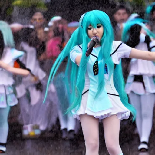 Image similar to Hatsune Miku performing while raining at plaza de bolivar in armenia quindio