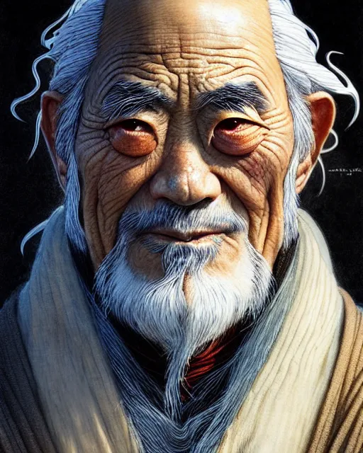 Image similar to uncle iroh from avatar the last airbender, character portrait, portrait, close up, concept art, intricate details, highly detailed by greg rutkowski, michael whelan and gustave dore