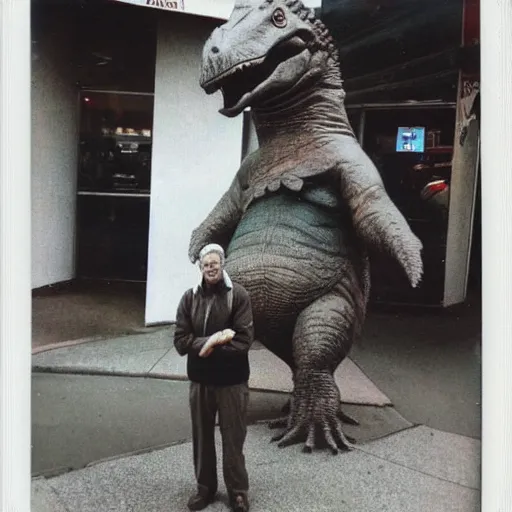 Image similar to a polaroid photo of an old man standing next to a dinosaur statue outside mcdonald's