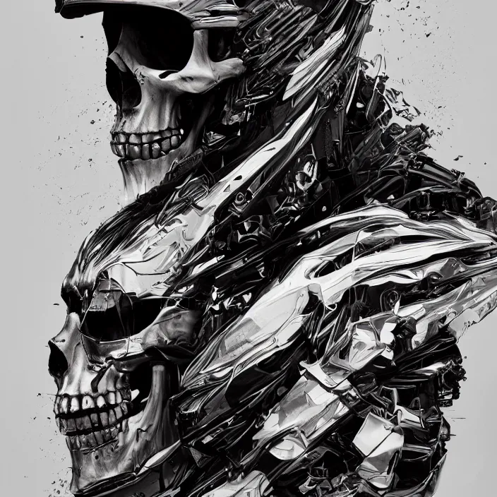 Image similar to portrait of a skull in a racing suit. intricate abstract. intricate artwork. nightmare fuel. by Tooth Wu, wlop, beeple, dan mumford. octane render, trending on artstation, greg rutkowski very coherent symmetrical artwork. cinematic, hyper realism, high detail, octane render, 8k, iridescent accents