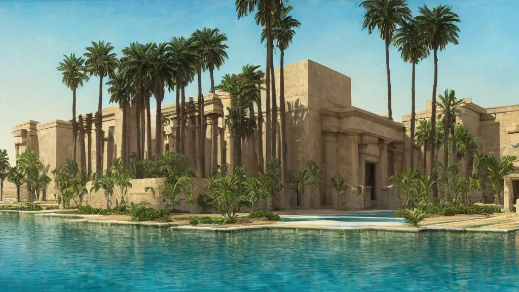 Image similar to an oil painting of the front of a new egyptian palace, with a small pool in front, exterior view, close - up, mid - day, palm trees and lush vegetation, hieroglyphs on the buildings, ray - traced reflections of the buildings and trees in the water