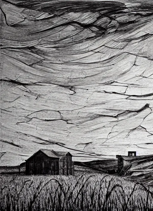 Image similar to Oil painting - An abondoned farmhouse with wheat field - the wheat field is splotched by mold - by Lucian Freud and Jenny Saville, Abstract brush strokes, Masterpiece, Edward Hopper and James Gilleard, Zdzislaw Beksinski, Mark Ryden, Wolfgang Lettl highly detailed, hints of Yayoi Kasuma