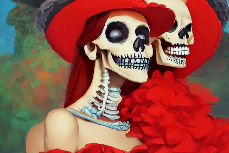 Image similar to cute & beautiful smiling mexican undead skeleton girl wearing a sombrero and a wide red dress, elegant, digital art, fantasy, pixar style, painting, pin up, highly detailed, artstation, art by artgerm, vrubel, boris vallejo and ilya kuvshinov