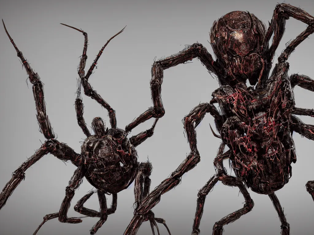 Prompt: Techno-biological iron-meat spider with double long barrel on his head walks through the ruins. Consisting of tumors, veins, guts, kidneys, wires, long spider paws, chitin, bones. Bodyhorror, biopunk, extremely high detail, ultra realistic, photorealism, concept art, octane render, view from a distance, 8k, 16k