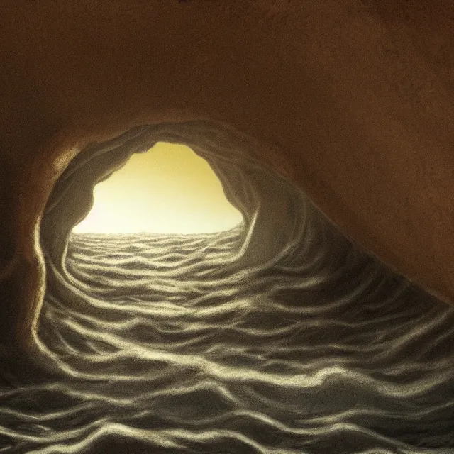 Image similar to photorealistic sepia painting of the mouth of a sea cave on the jamaican shoreline, dark, brooding, atmospheric, lovecraft