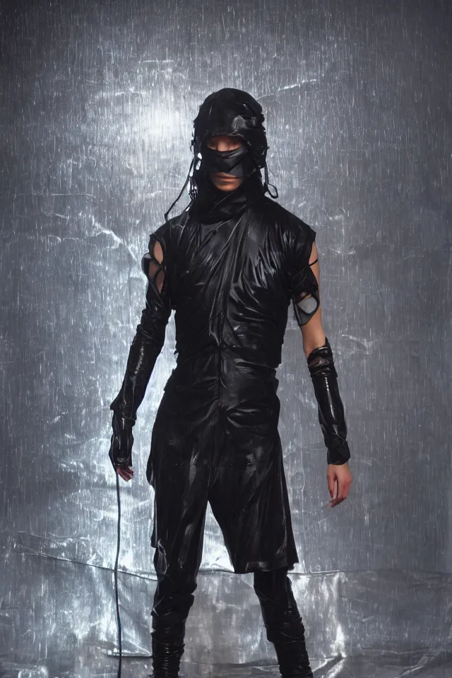 Prompt: androgynous ninja shaman tunic made of latex, radio goggles, techwear, iridiscent fabric, cinematic lighting at night, wet floors, neon, phil hale, masterpiece