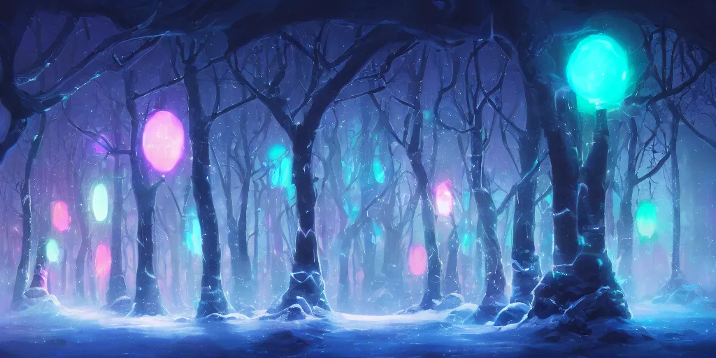 Image similar to beautiful concept art of a magical lights glowing with different colours everywhere in the centre of blizzard in an enchanted beautiful forest painted by Daisuke Tsutsumi, fantasy art, Disney art illustration, trending on artstation, cgsociety, nice composition, great fantasy mood